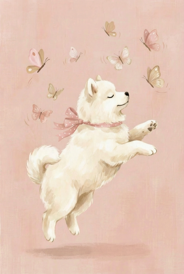 Fluffy white dog mid jump reaching toward several butterflies, wearing a pink bow tie against a soft pink background. The movement adds energy and a lighthearted feel.
