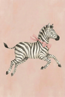 Zebra mid stride with one leg lifted and a pink bow tie around its neck, set against a soft pink background. The movement and clean stripes create a playful and lively feel.

