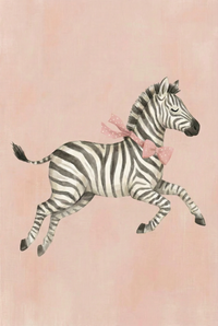 Zebra mid stride with one leg lifted and a pink bow tie around its neck, set against a soft pink background. The movement and clean stripes create a playful and lively feel.

