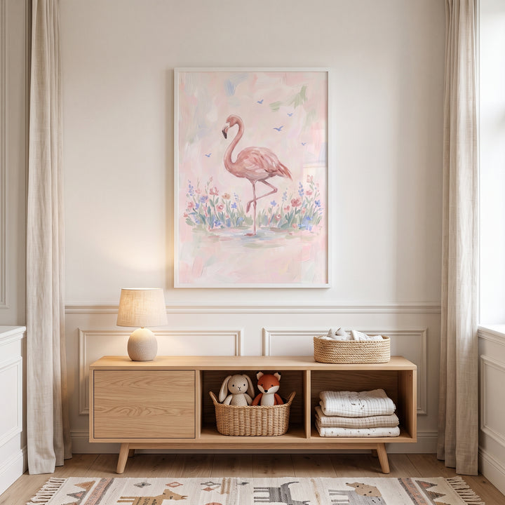 Pink pond standing flamingo floral wall art hangs above a wooden sideboard and lamp in a neutral nursery.
