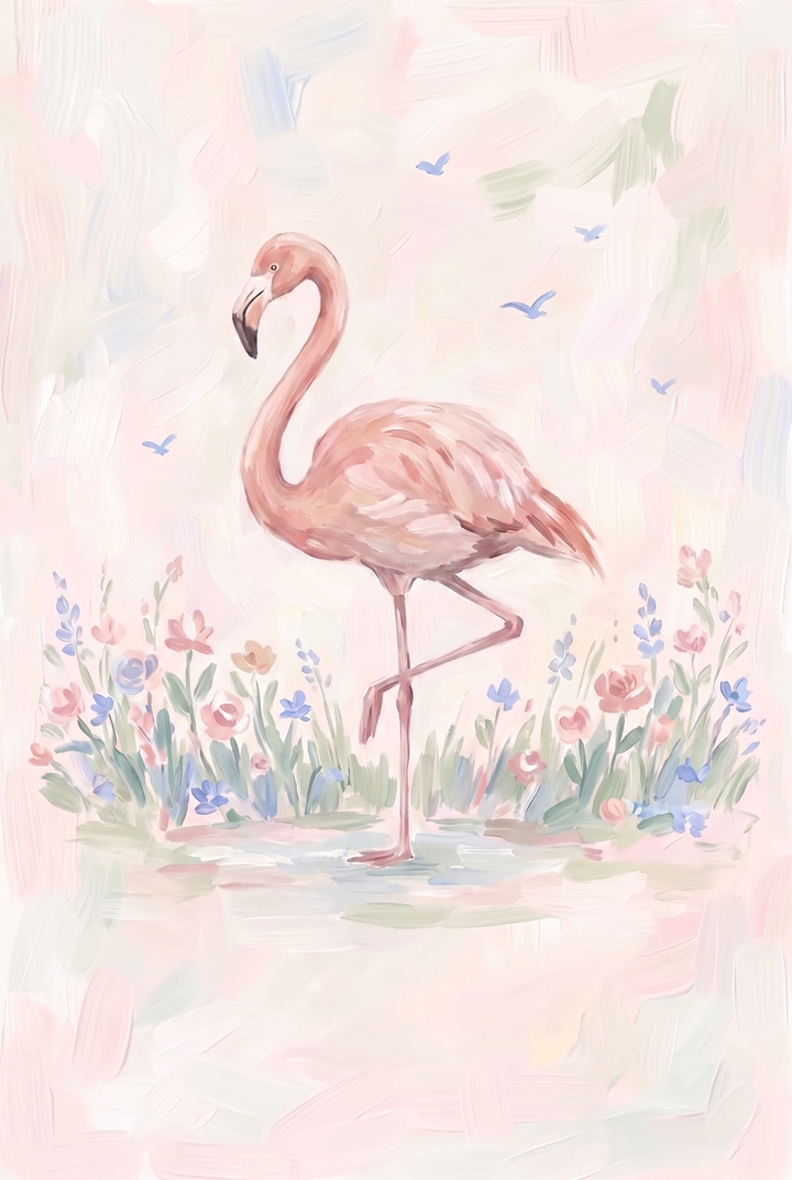 Pink pond standing flamingo floral wall art features a bird on one leg among colorful flowers and small blue birds.