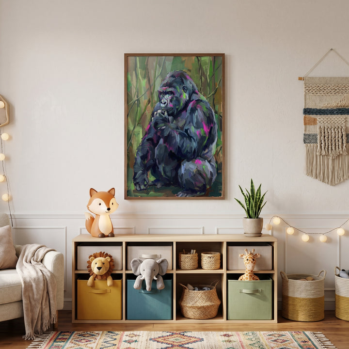Pink purple textured gorilla artwork hangs above a wooden shelf with animal toys and a fox lamp in a bright, cozy room.