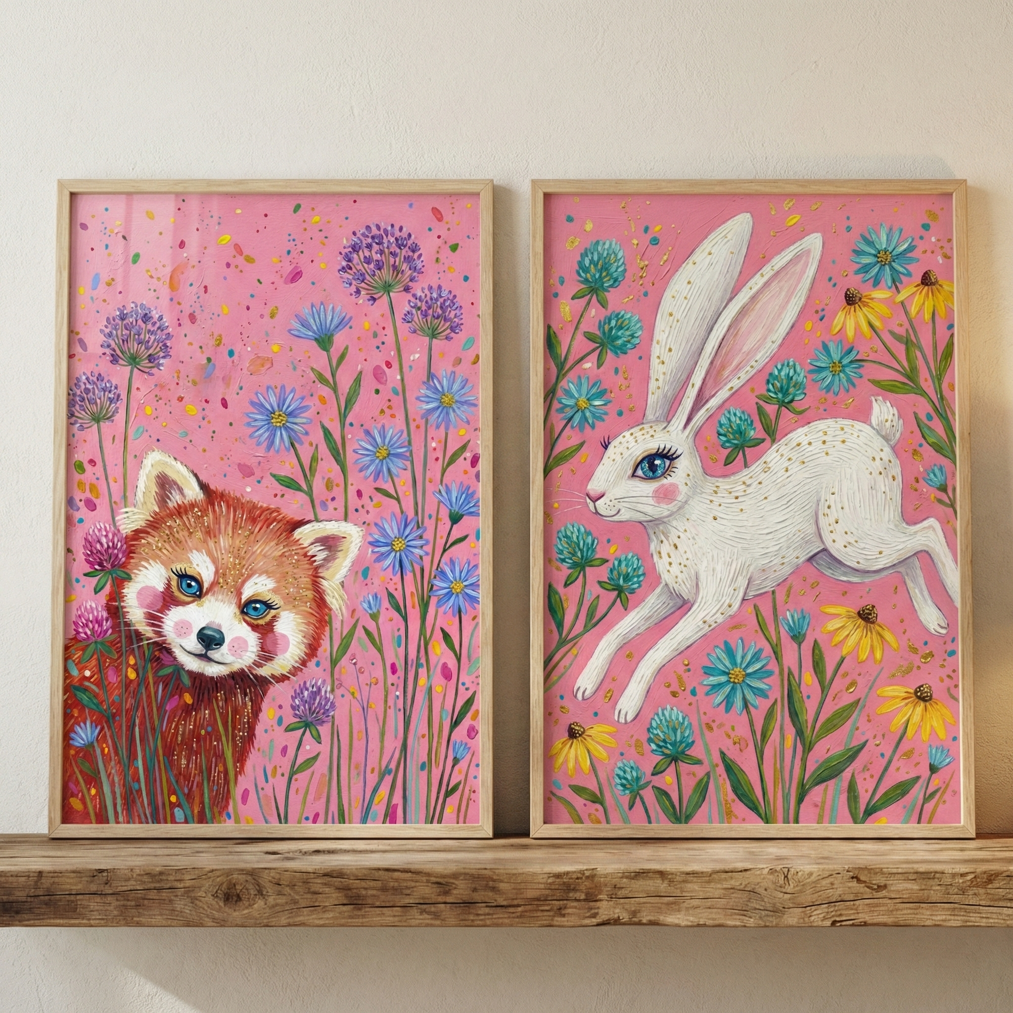 Pink Whimsical Animal  Wall Art Set of 2 - Whimsical Meadow Spirits