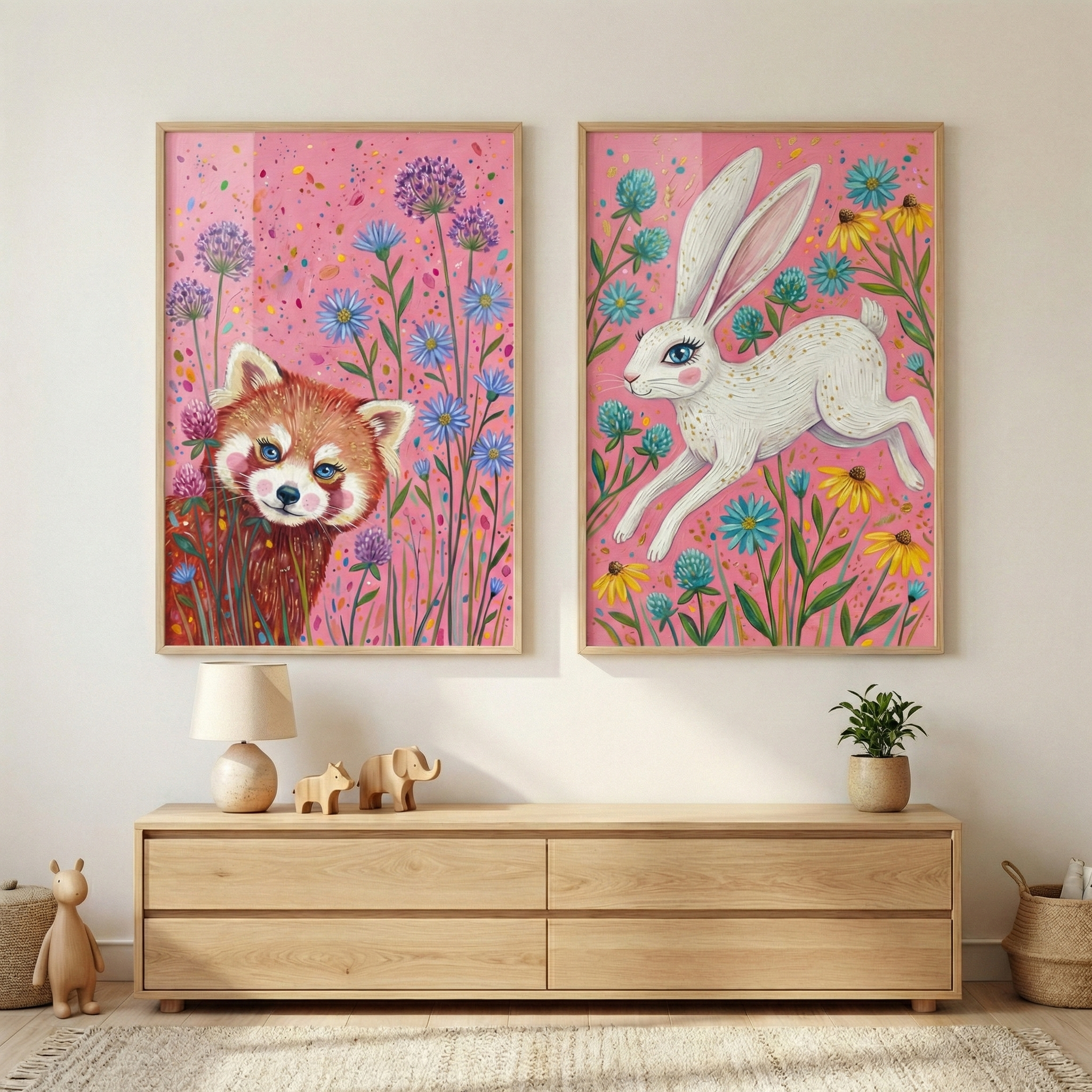 Pink Whimsical Animal  Wall Art Set of 2 - Whimsical Meadow Spirits