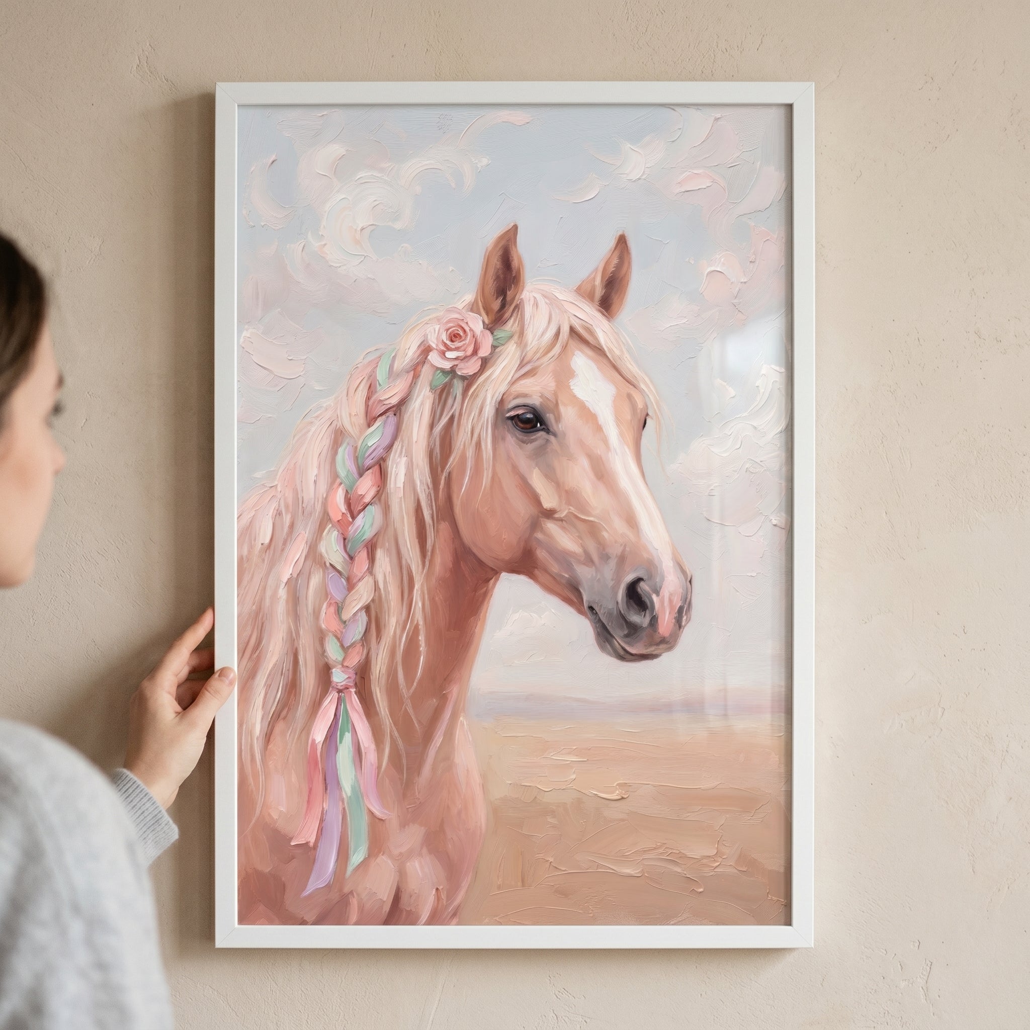 Pink Rose Braided Horse Wall Art - Pastel Ribboned Horse