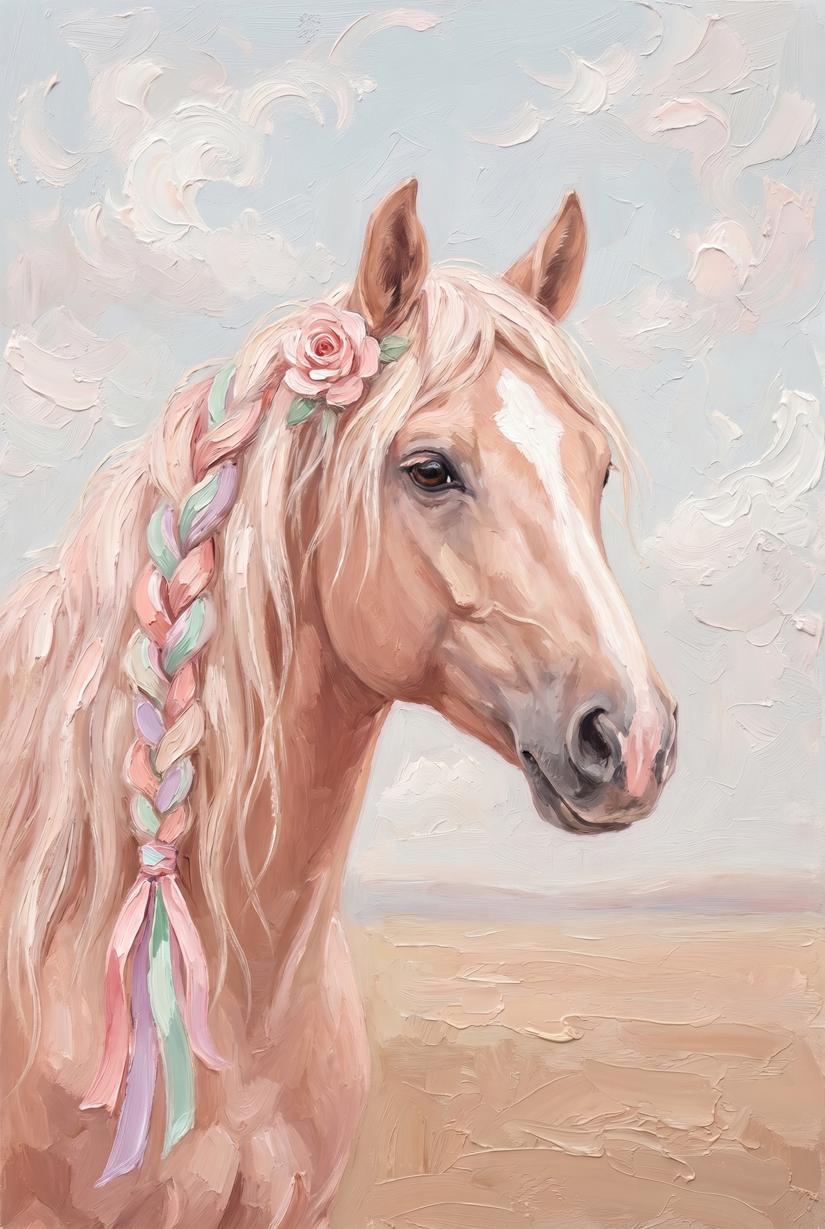 Pink Rose Braided Horse Wall Art - Pastel Ribboned Horse