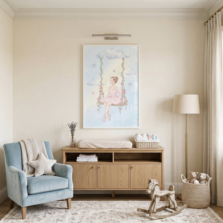Nursery with a blue armchair, star pillow, wooden dresser, rocking horse, and pink rose swing ballerina wall art.