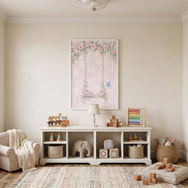 Pink rose swing floral wall art hangs above a white shelf in a warm nursery filled with wooden toys and woven baskets.