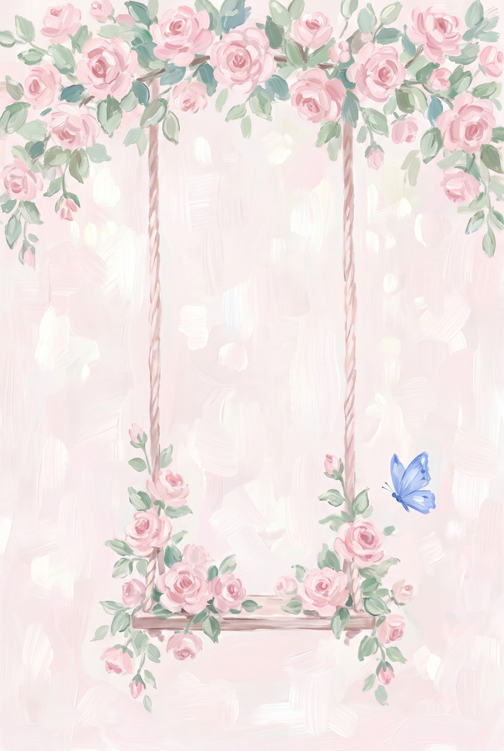 Pink rose swing floral wall art featuring a blue butterfly and lush rose garlands on a textured pink backdrop.