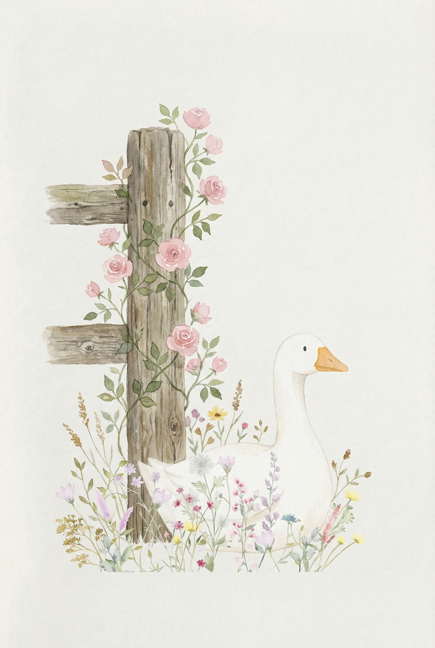 Pink Rose White Goose Wall Art - Cottage Garden Goose