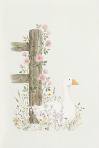 Watercolor illustration of a white duck resting beside a rustic wooden fence wrapped with pink roses and surrounded by small wildflowers. The light neutral background and soft details give the piece a vintage farmhouse aesthetic.
