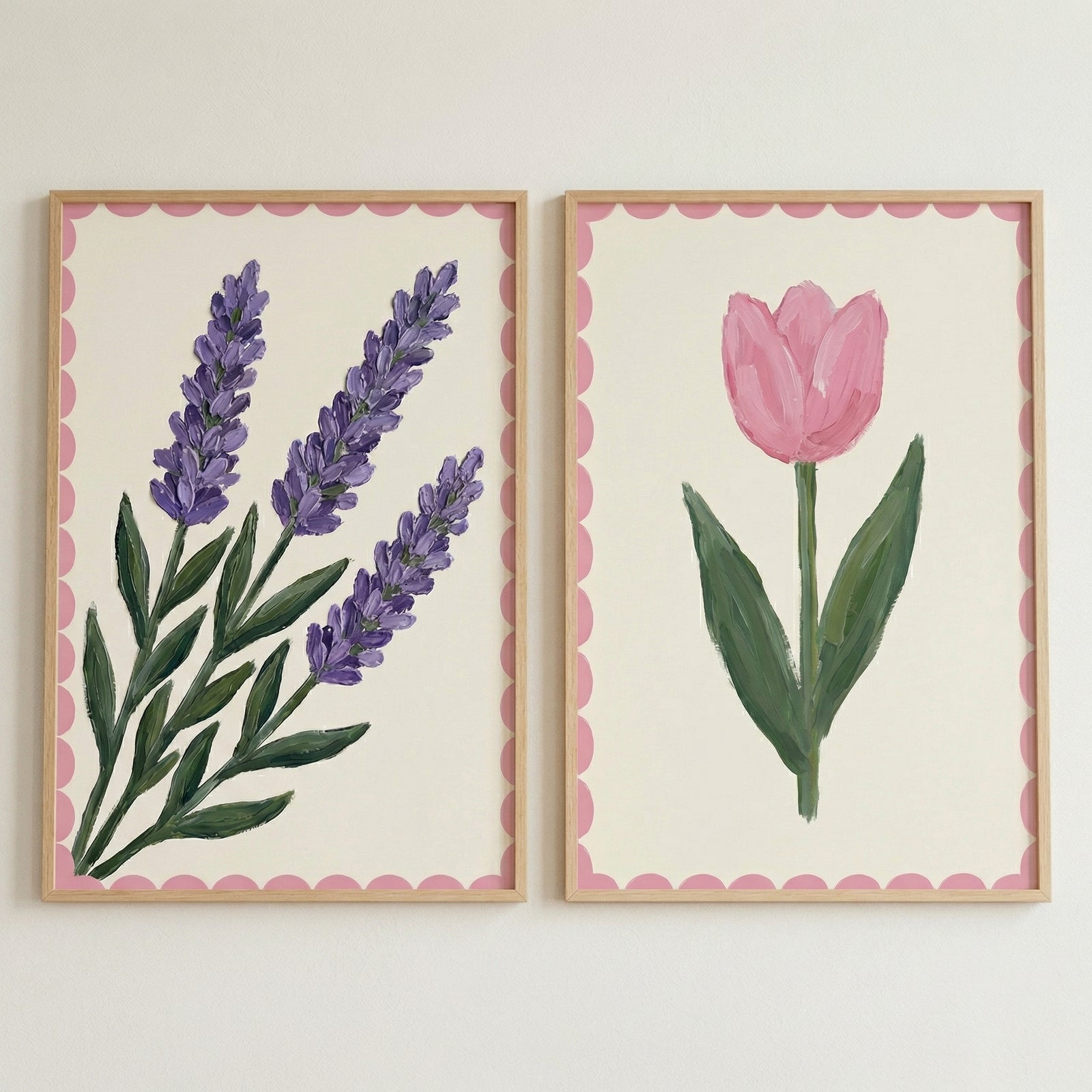 Two framed botanical illustrations displayed side by side on a white background featuring purple lavender stems with green leaves and a single pink tulip centered on a light background with a soft scalloped border.