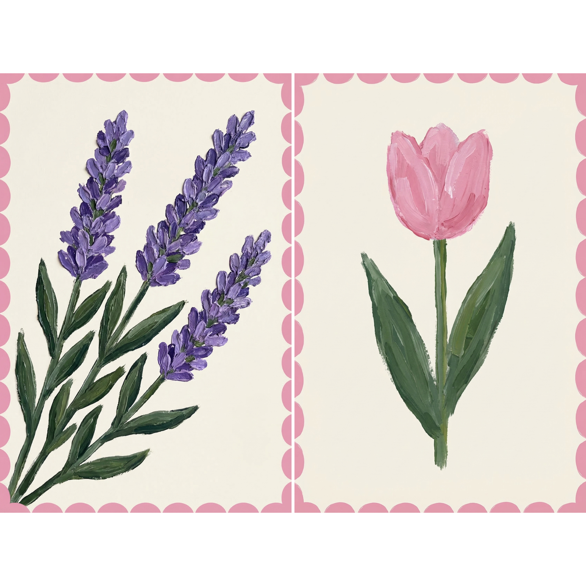 Pink Scalloped Border Flower Wall Art Set of 2 - Sweet Spring Blooms