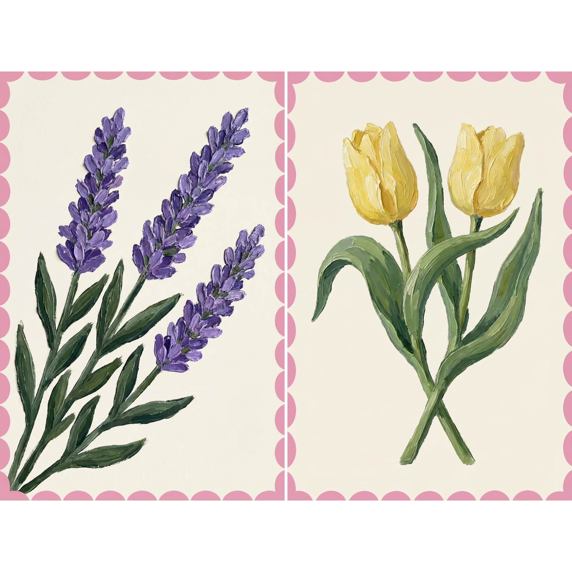 Pink Scalloped Border Flowers Wall Art Set of 2 - Lavender Tulip Duo