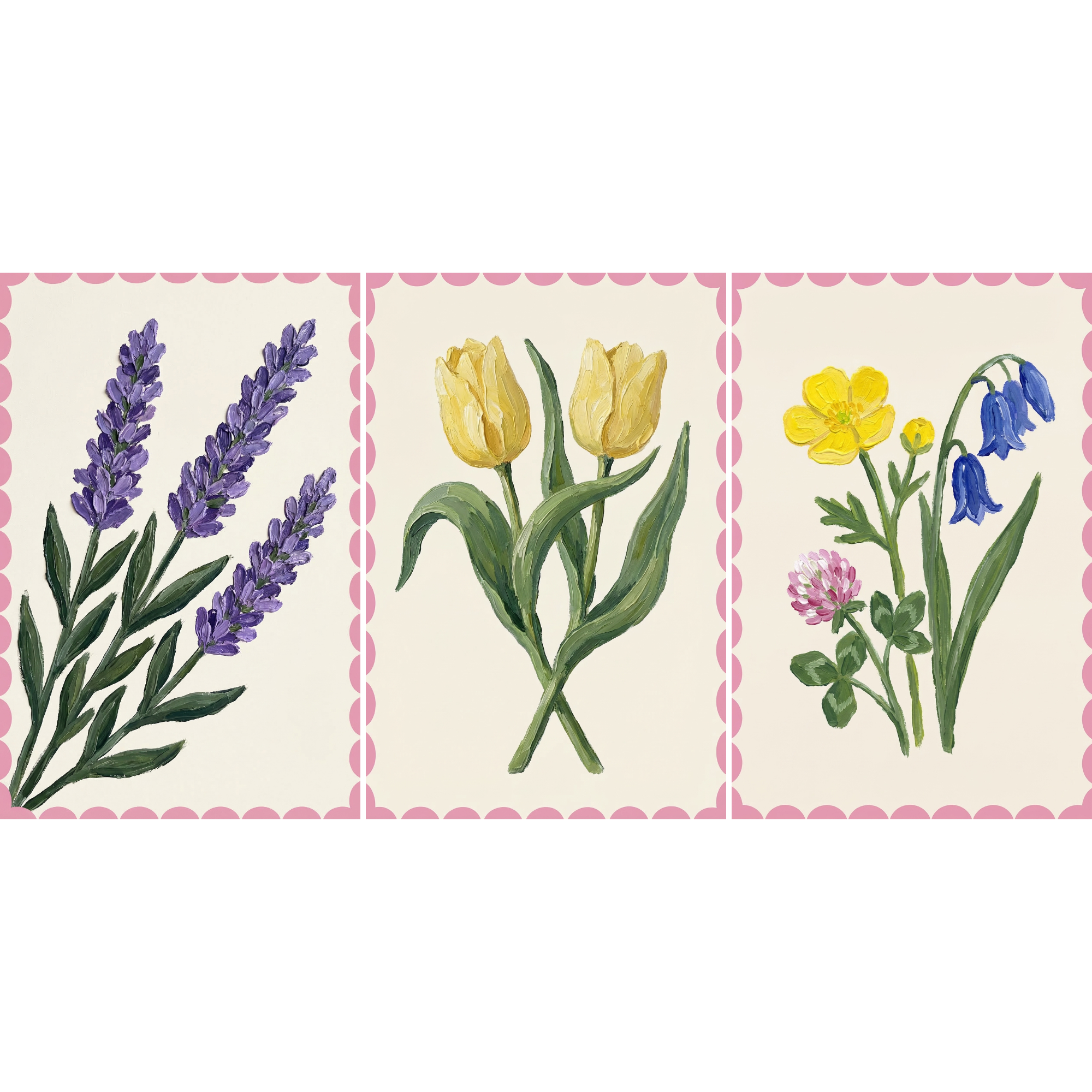 Pink Scalloped Border Wildflower Wall Art Set of 3 - Spring Bloom Trio