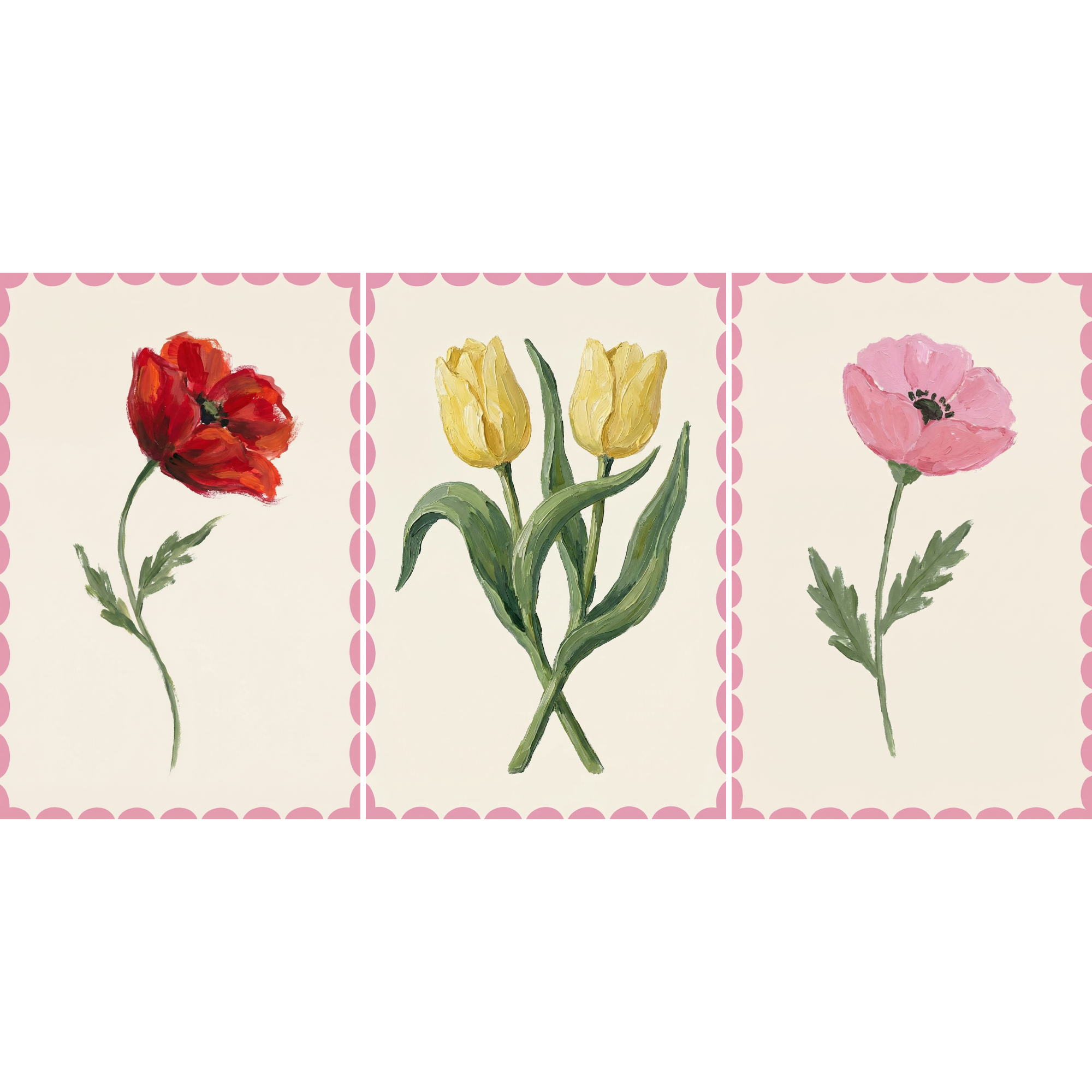Pink Scalloped Frame Flower Wall Art Set of 3 - Sweet Garden Blooms