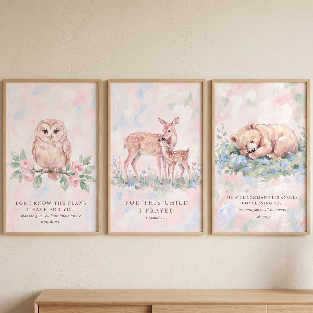 Pink Scripture Forest Animals Wall Art Set of 3 - Blessed Woodland Nursery