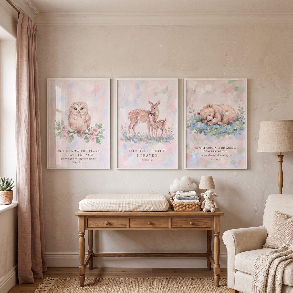 Pink Scripture Forest Animals Wall Art Set of 3 - Blessed Woodland Nursery