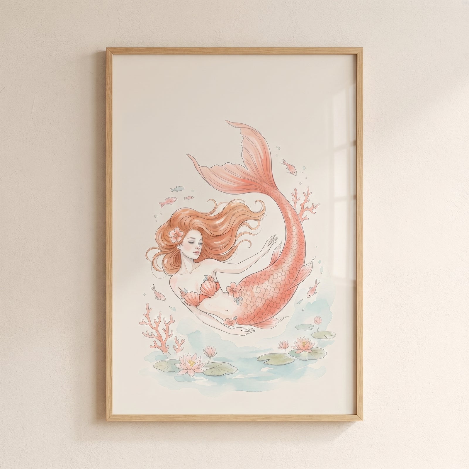 Pink seashell mermaid wall art shows a long-haired mermaid with a salmon tail swimming among coral and lily pads.