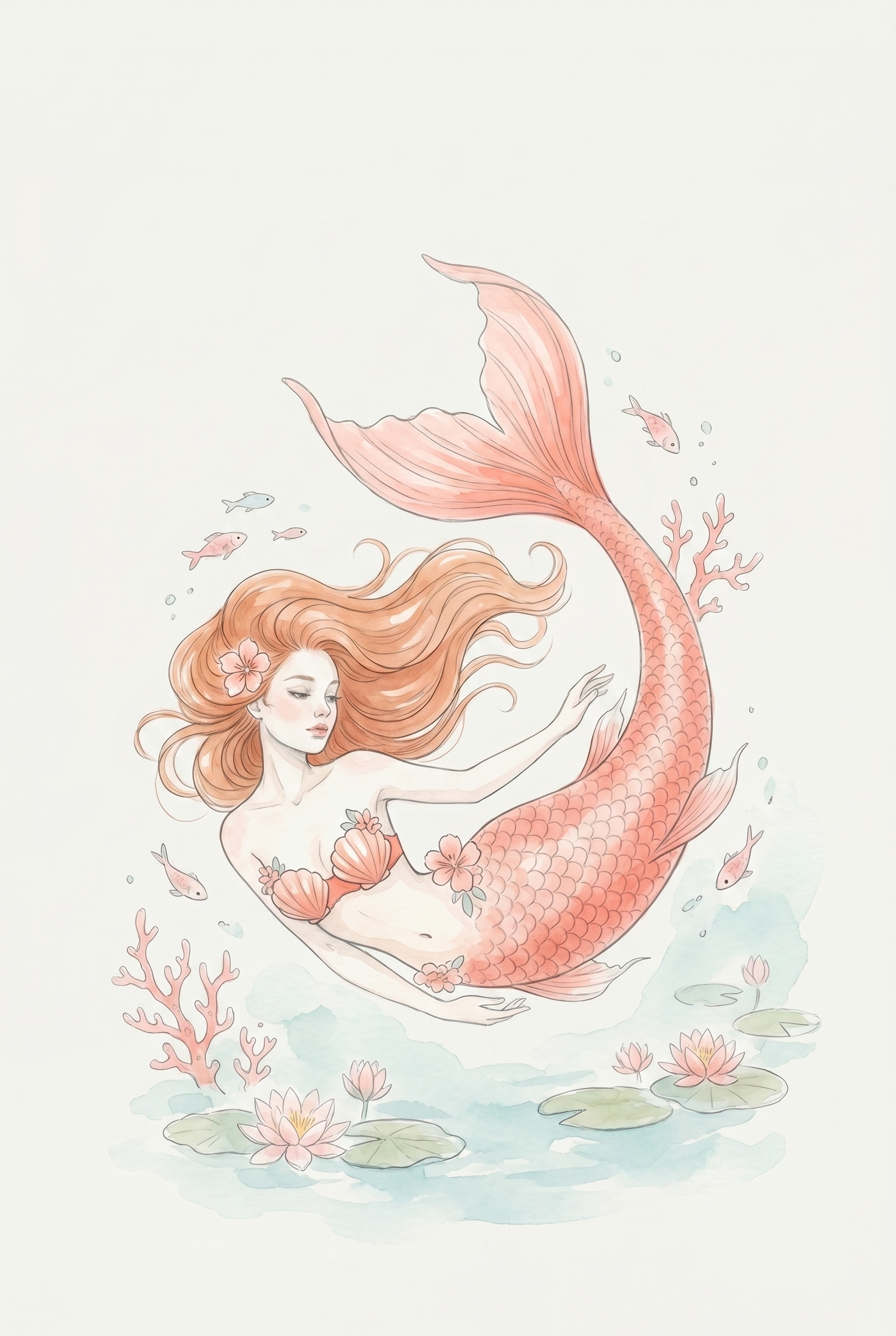 Pink Seashell Mermaid Wall Art - Peach Coral Mermaid
