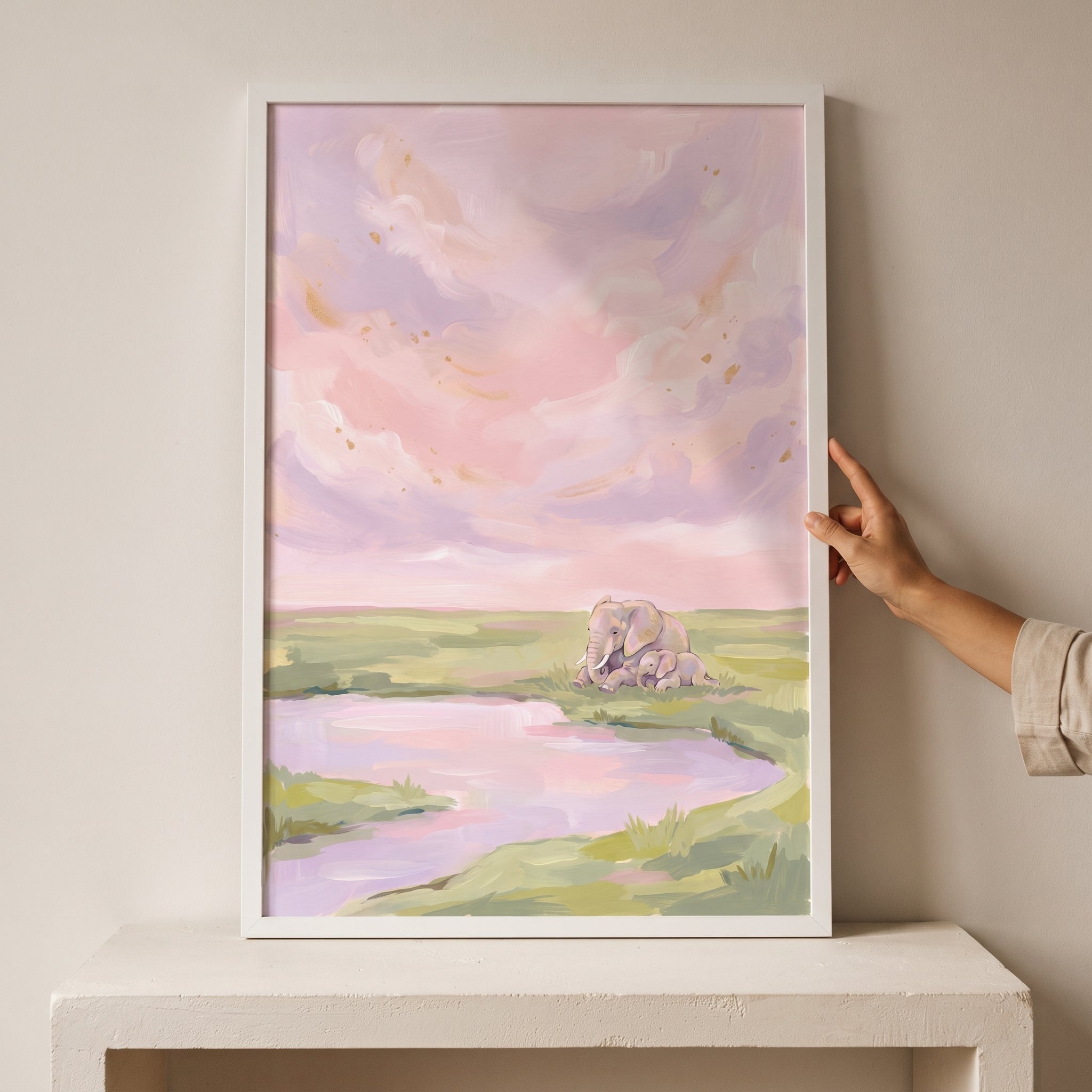 Pink Sky Cuddling Elephant Animal Wall Art - Pastel Elephant Love