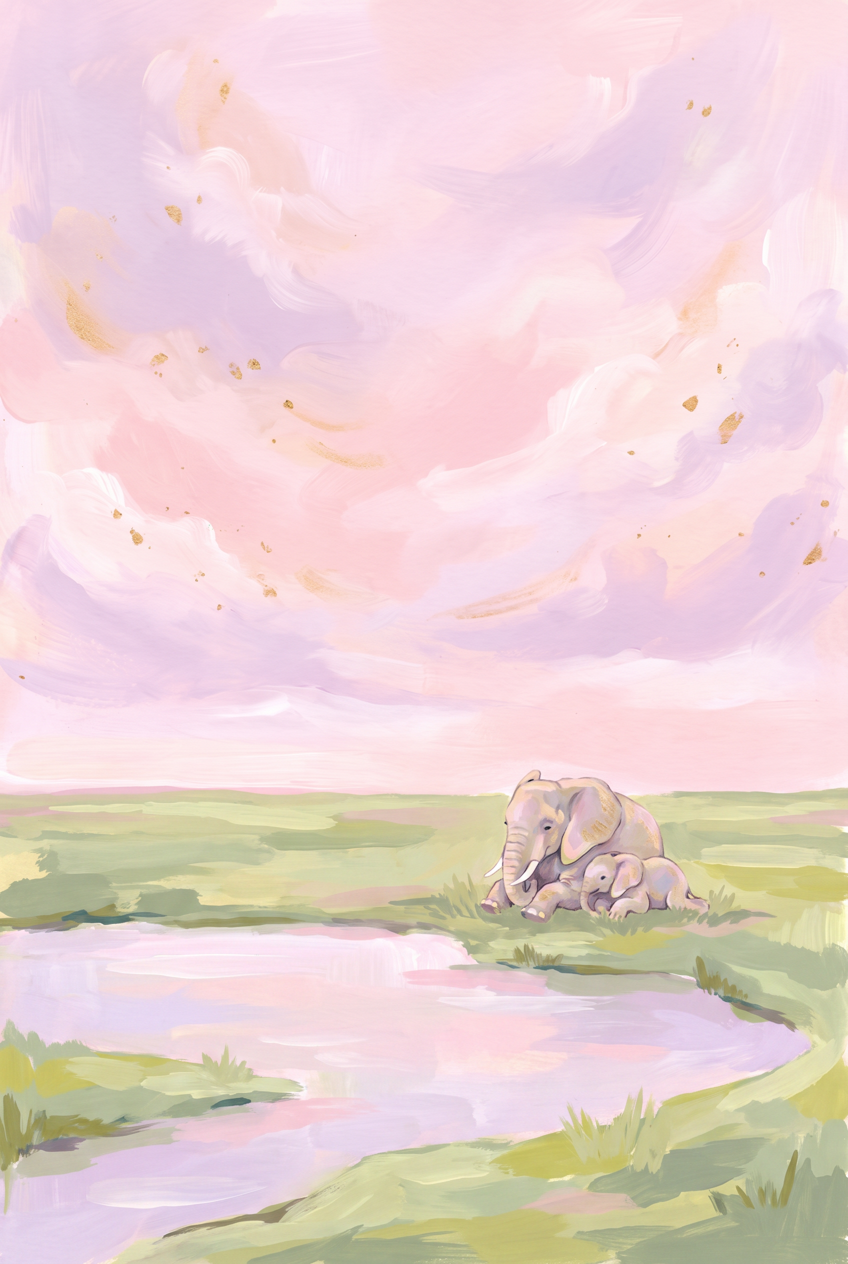 Pink Sky Cuddling Elephant Animal Wall Art - Pastel Elephant Love