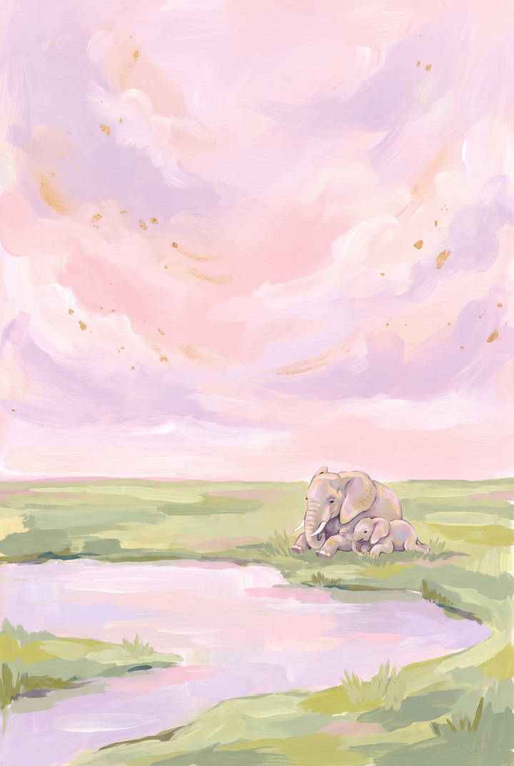 Mother and calf rest on grass near a lake under a pink sky cuddling elephant animal wall art.
