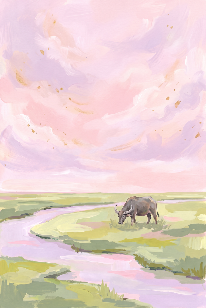 A buffalo grazes in a green meadow by a winding stream in this pink sky grazing buffalo animal wall art.