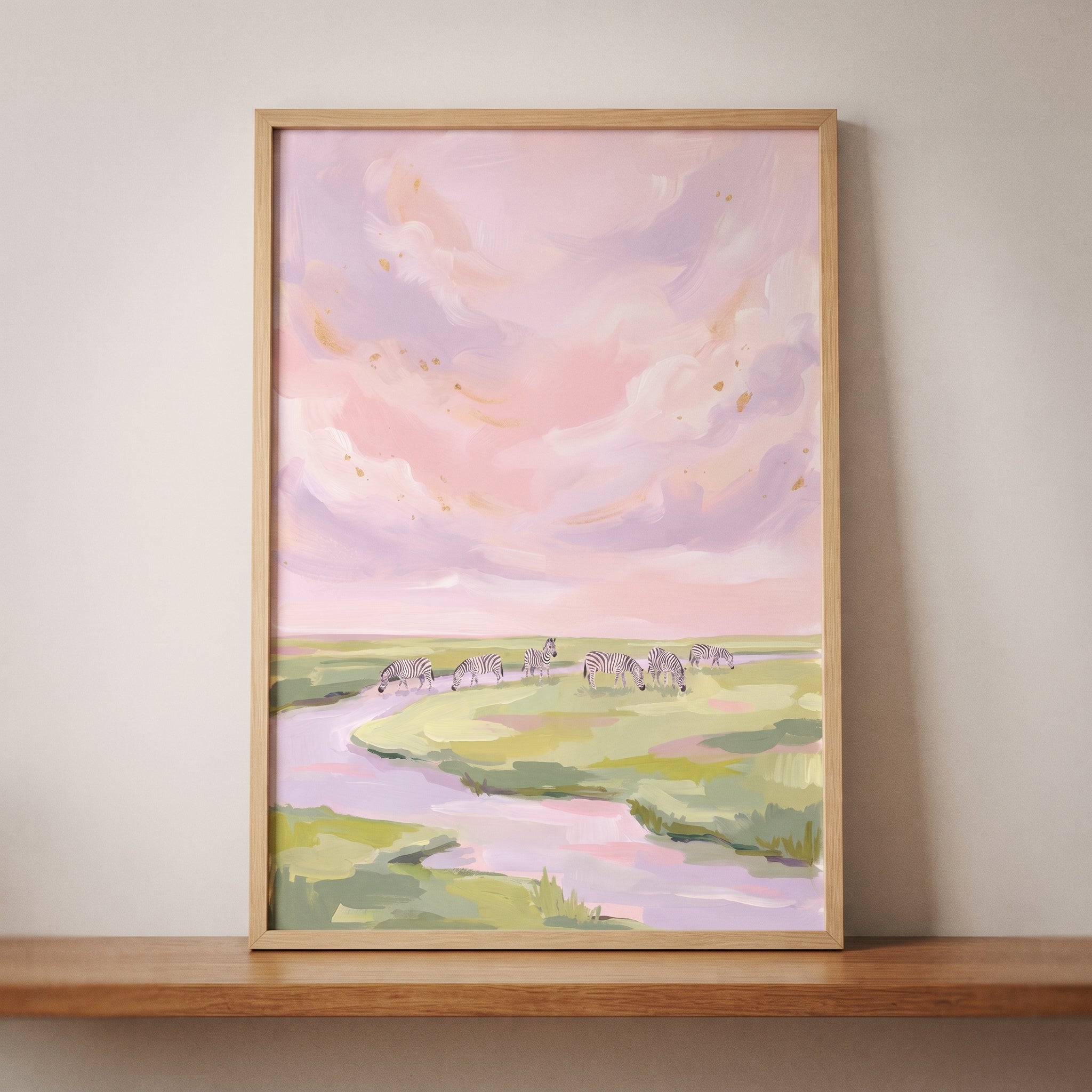Pink Sky Grazing Zebra Animal Wall Art - Pastel Safari Dreams