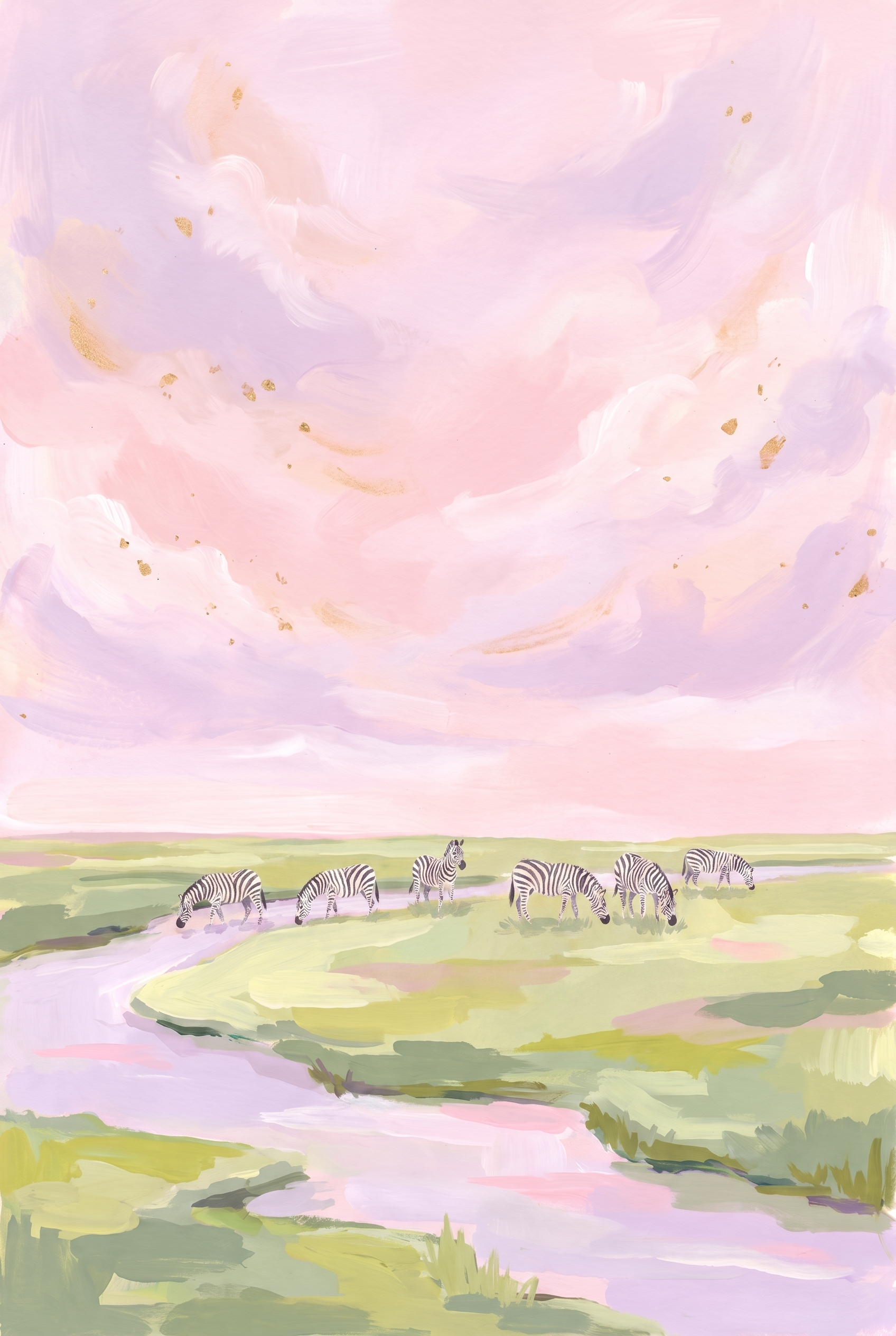Pink Sky Grazing Zebra Animal Wall Art - Pastel Safari Dreams