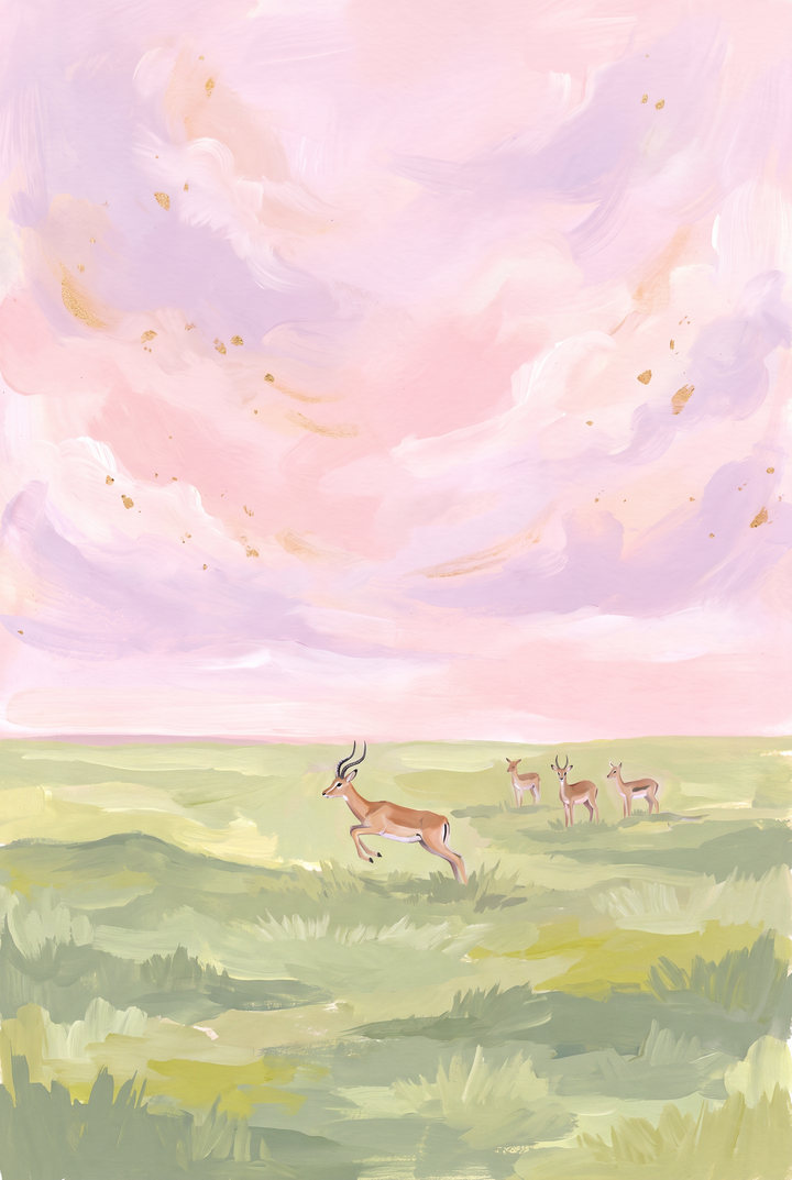 Pink sky leaping gazelle animal wall art with four gazelles in a green field under soft pink and purple clouds.