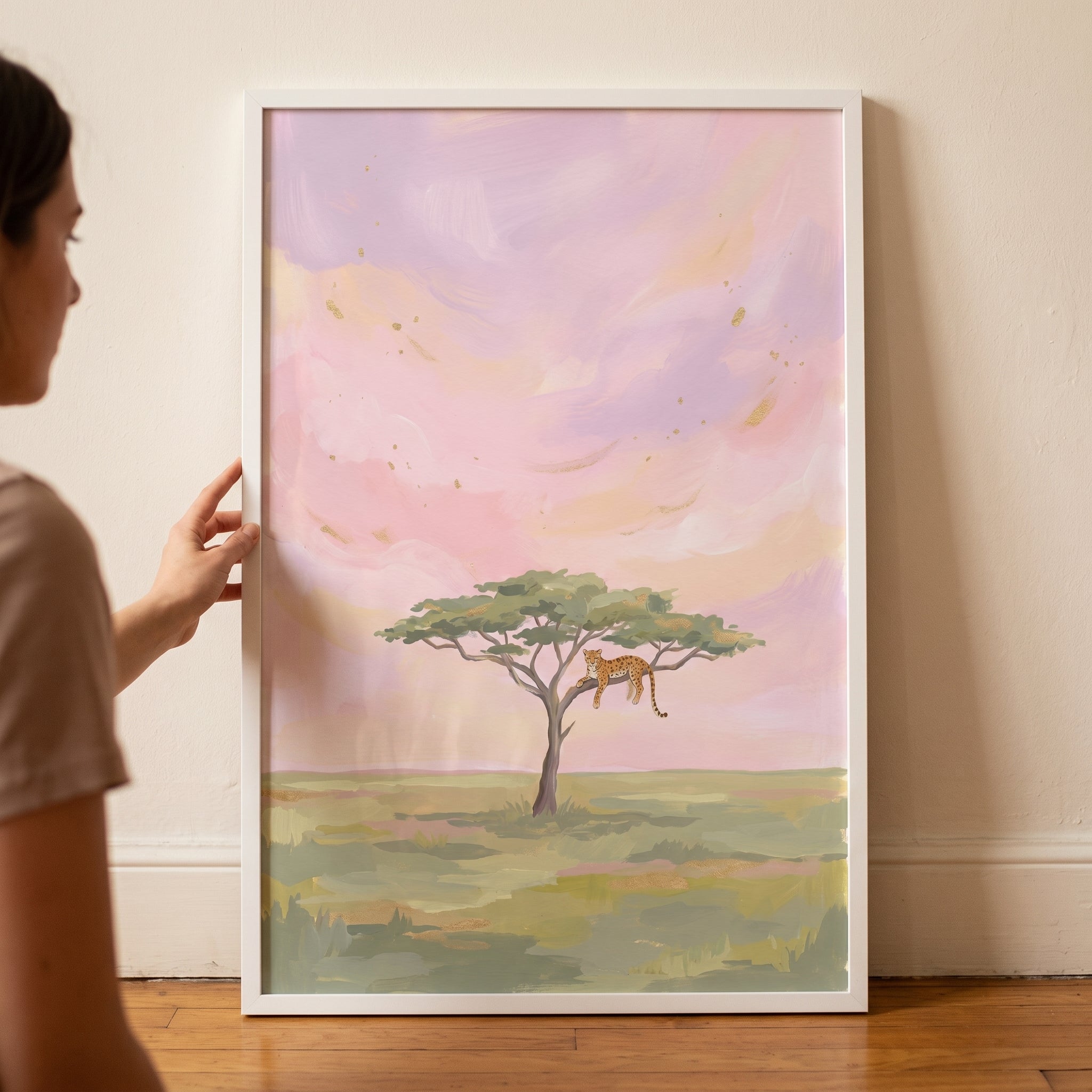 Pink Sky Lounging Leopard Animal Wall Art - Savanna Sunset Rest