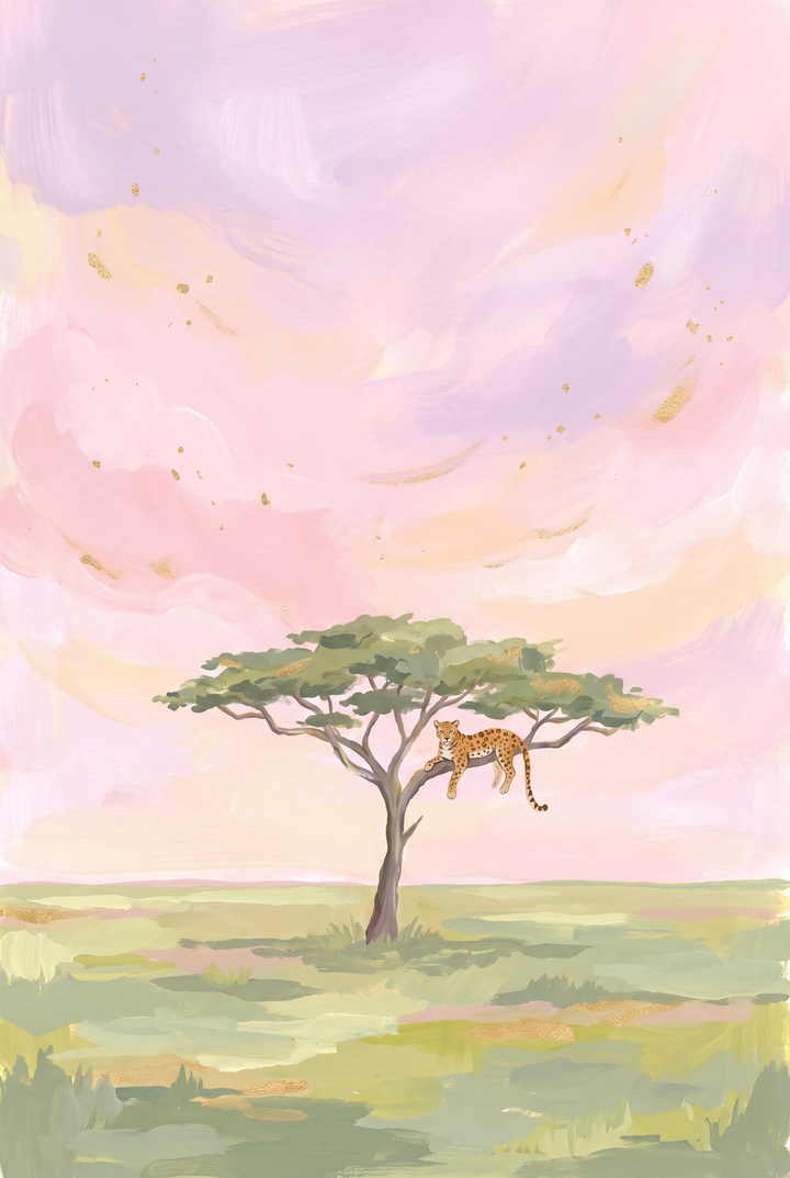 Pink sky lounging leopard animal wall art depicts a spotted big cat resting in a savanna tree under soft pastel clouds.