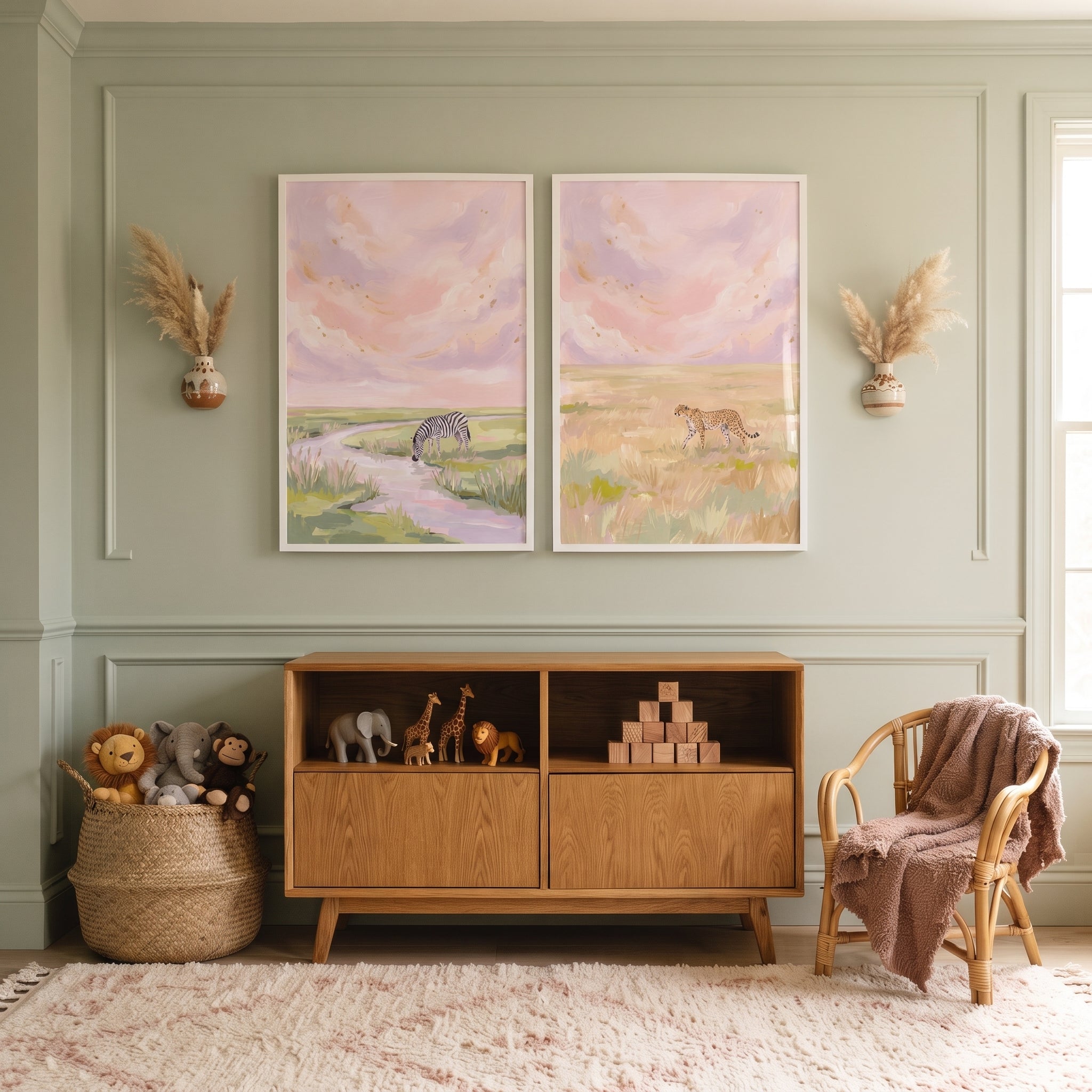 Pink Sky Safari Animals Wall Art Set of 2 - Serene Safari Light