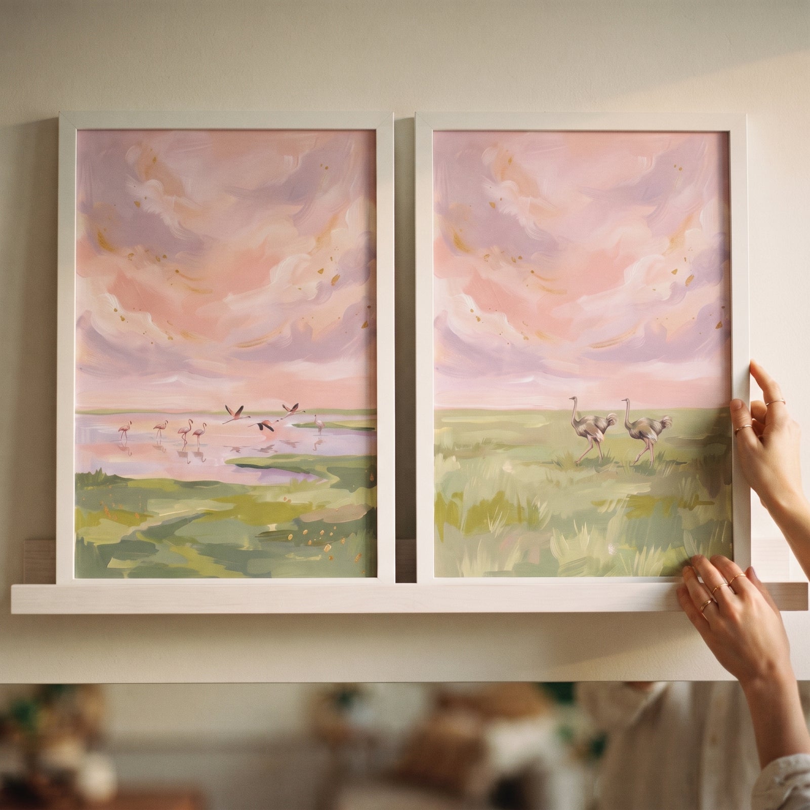 Hands adjust a pink sky safari bird wall art set of 2 featuring flamingos and ostriches in soft pastel landscapes.