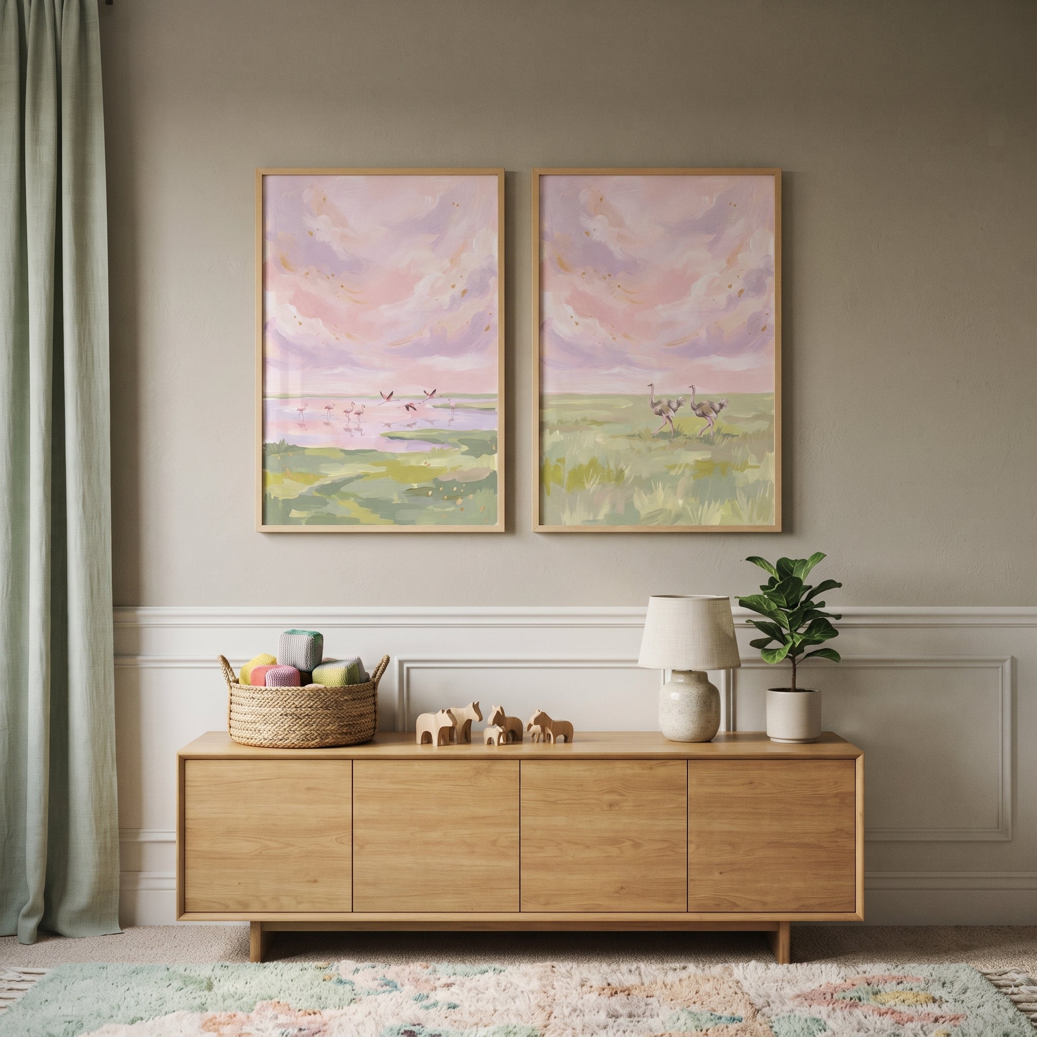 Pink Sky Safari Bird Wall Art Set of 2 - Pastel Savannah Dreams