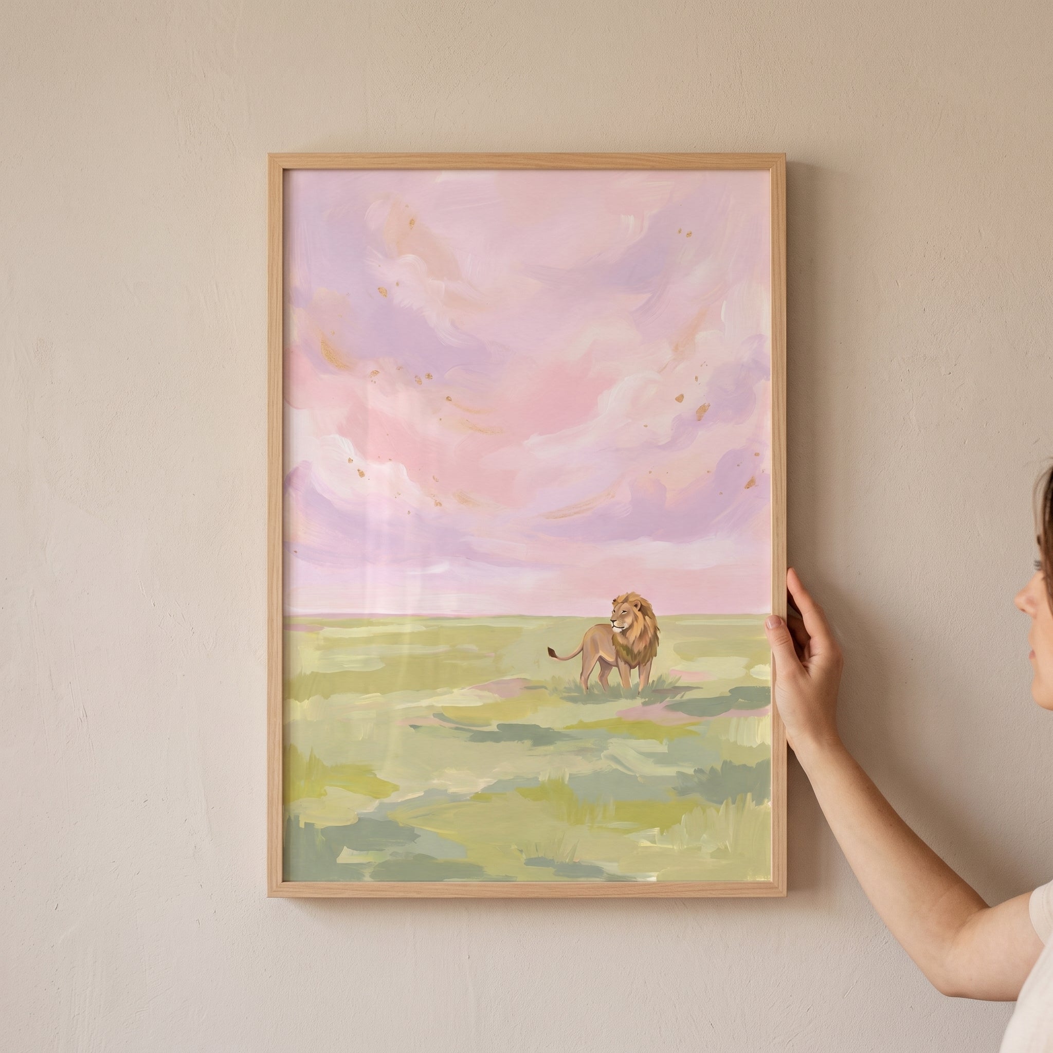 Pink Sky Safari Lion Wall Art - Pastel Savanna King
