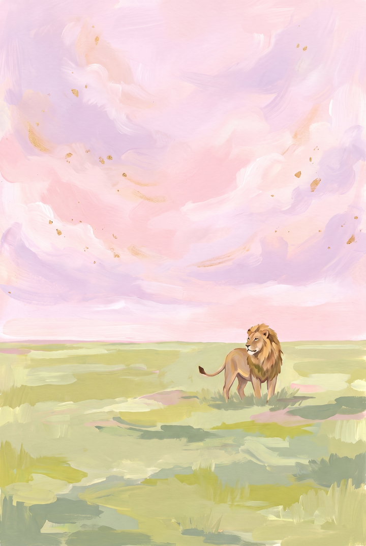 Pink sky safari lion wall art above a white dresser in a nursery featuring a rocking chair and sage green walls.