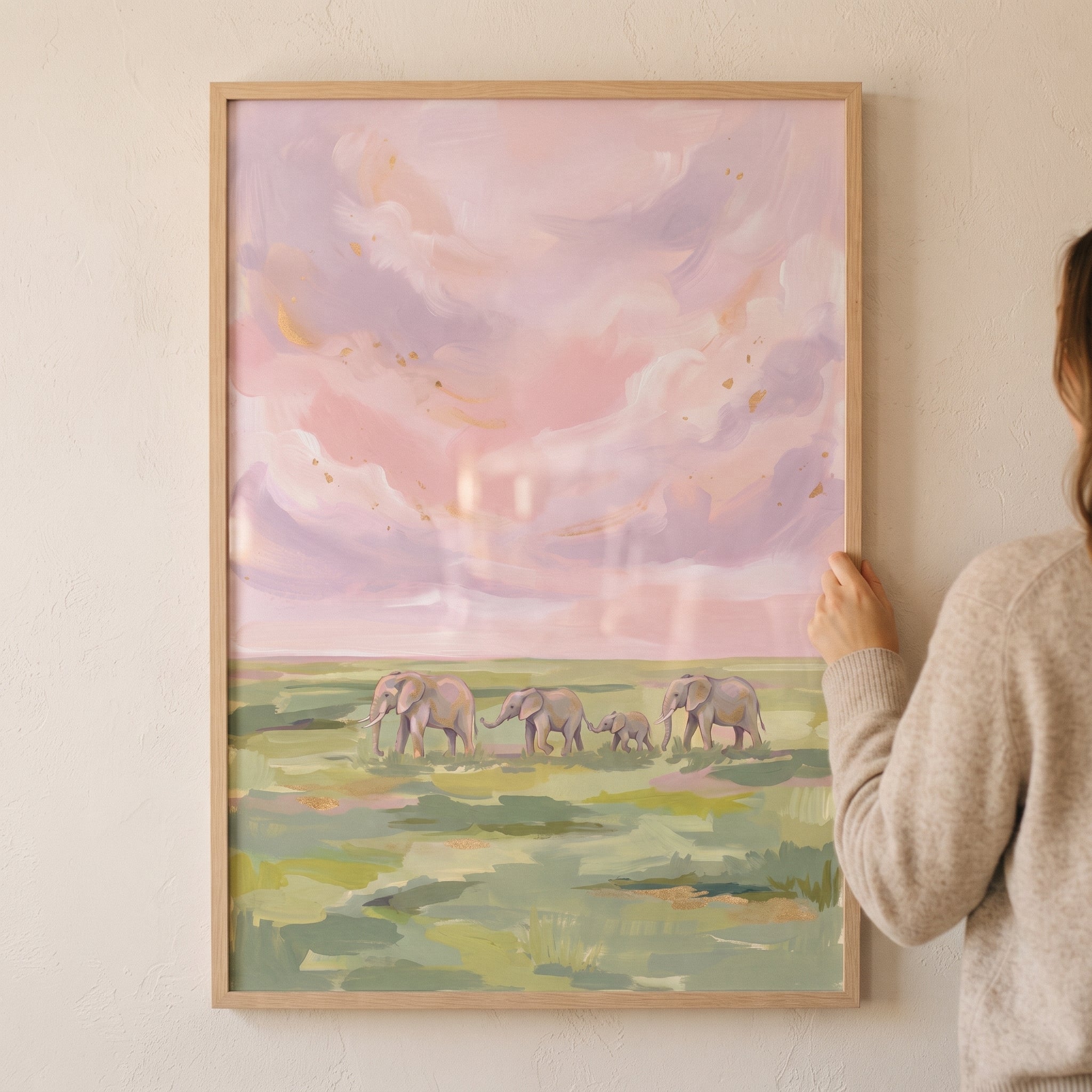 Pink Sky Walking Elephants Animal Wall Art - Pastel Elephant Parade
