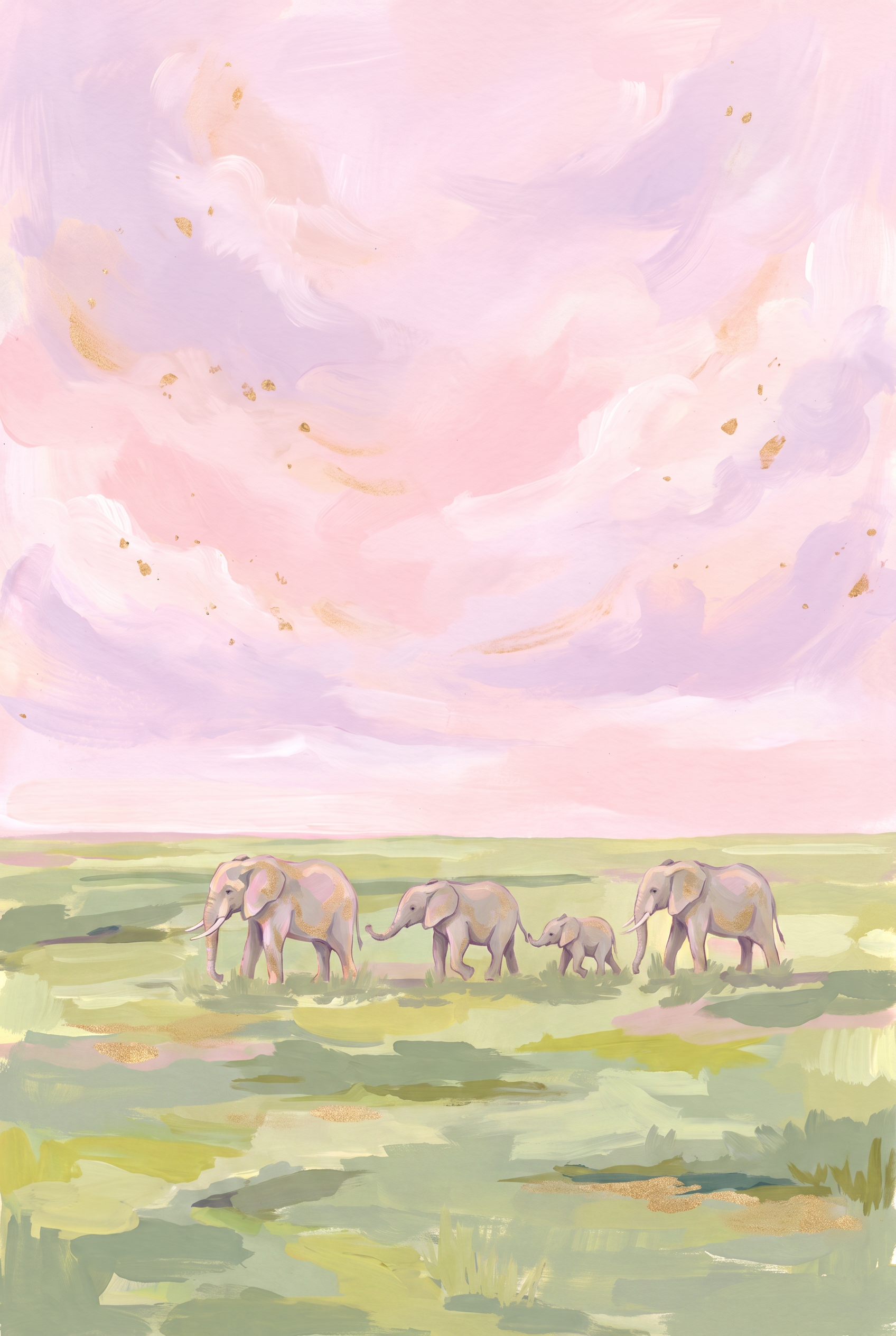 Pink Sky Walking Elephants Animal Wall Art - Pastel Elephant Parade