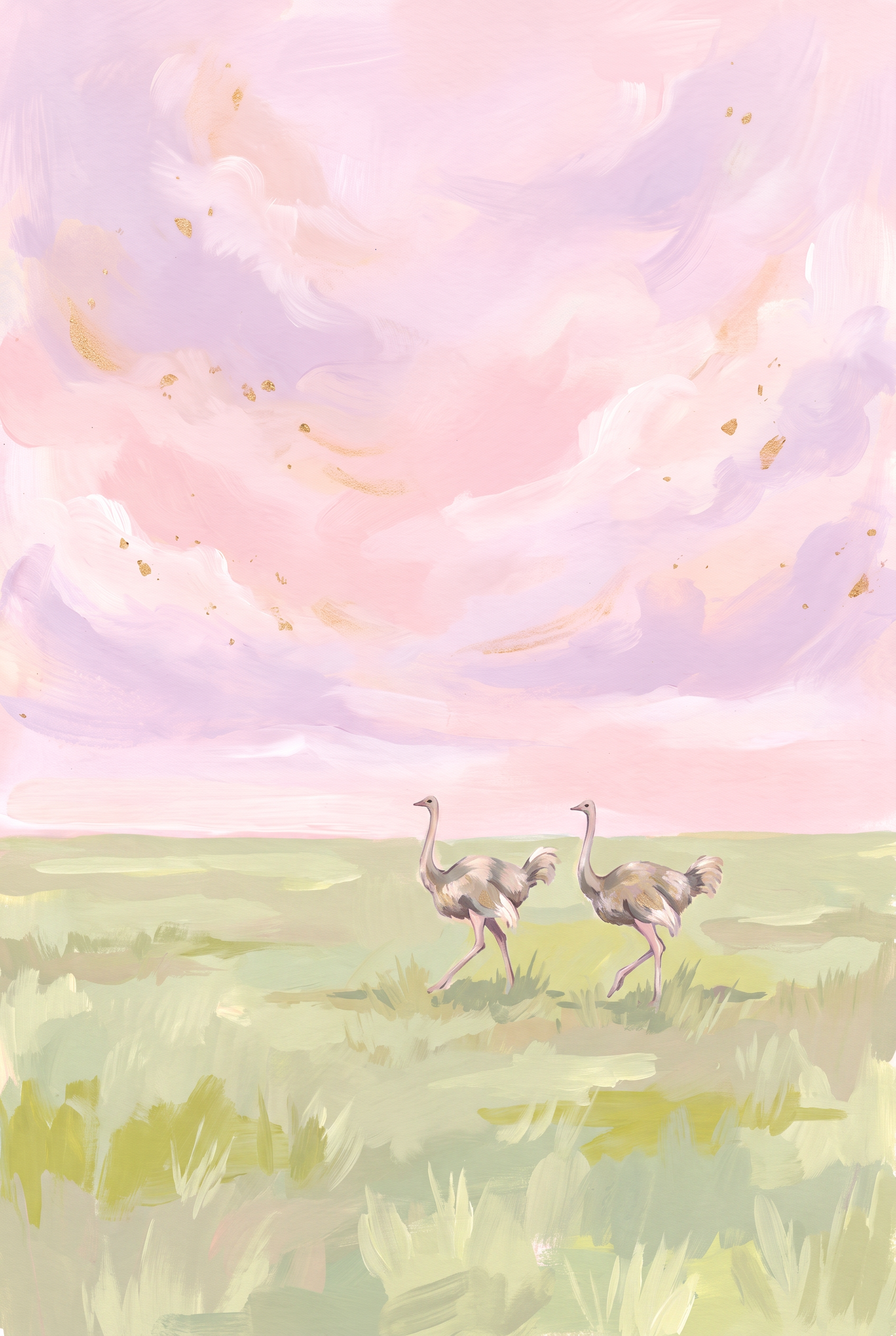 Pink Sky Walking Ostrich Animal Wall Art - Pastel Ostrich Stroll