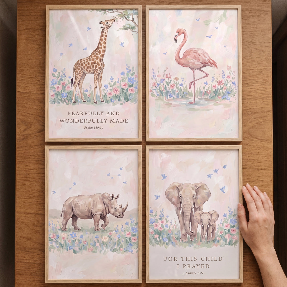 Pink Songbird Safari Animals Wall Art Set of 4 - Blessed Safari Decor