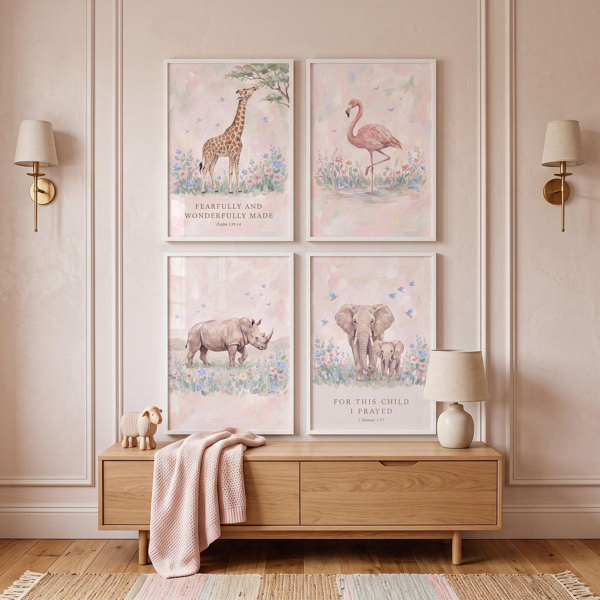 Pink Songbird Safari Animals Wall Art Set of 4 - Blessed Safari Decor