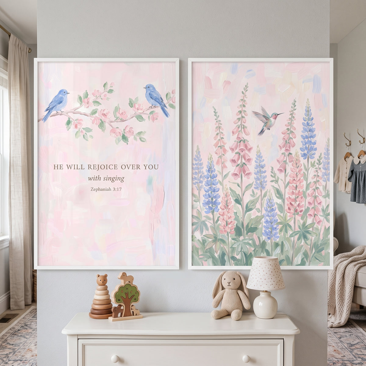 Pink Spring Garden Birds Wall Art Set Of 2 - Singing Floral Verse