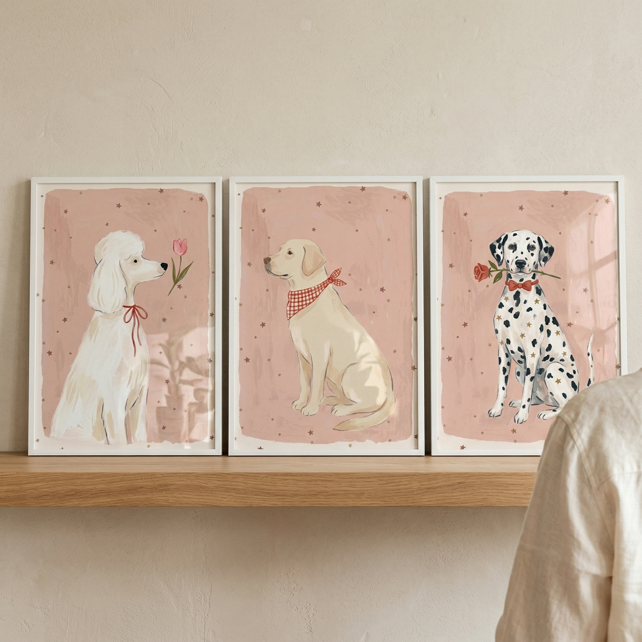 Pink Star Accessory Dog Wall Art Set of 3 - Puppies And Petals