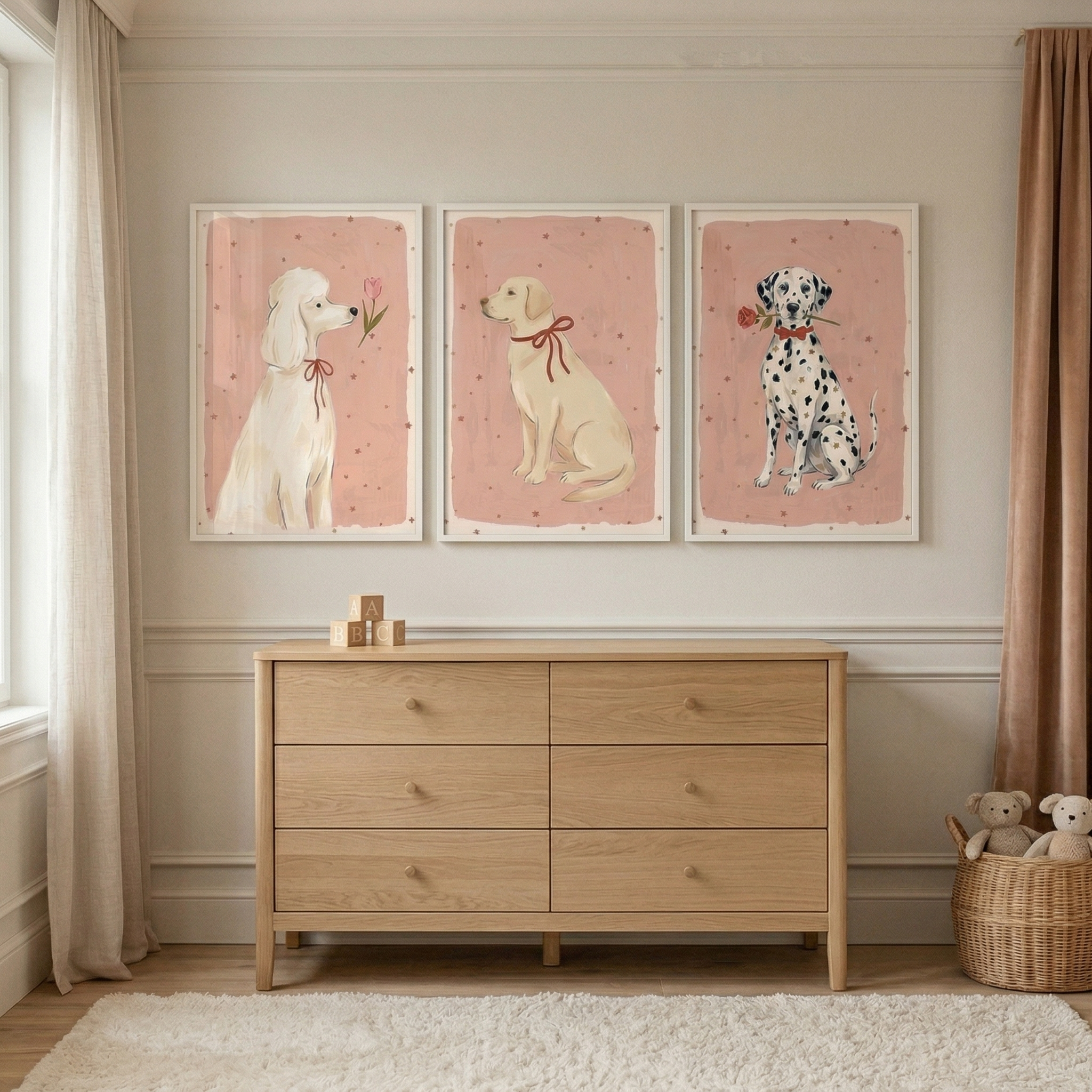 Pink Star Accessory Dog Wall Art Set of 3 - Puppies And Petals