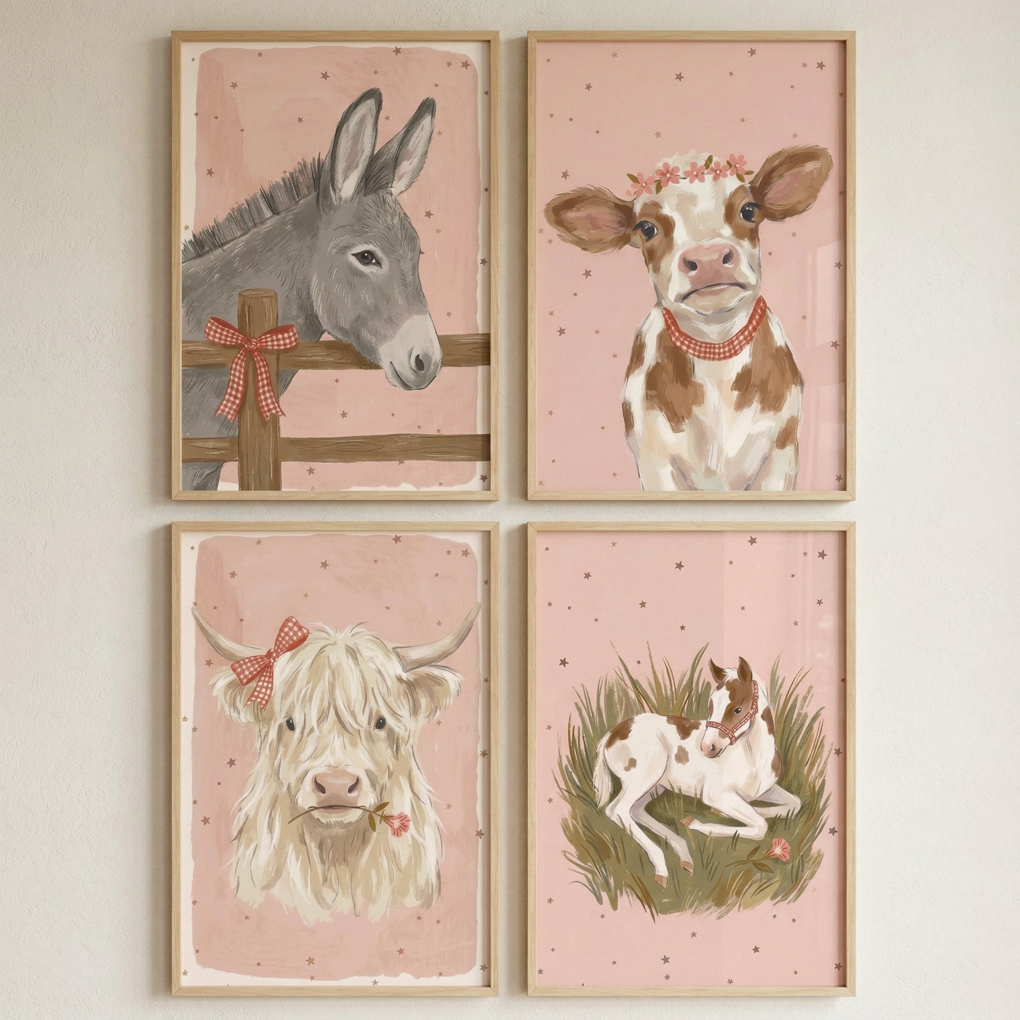 Pink Star Farm Animal Wall Art Set of 4 - Whimsical Barnyard Pals