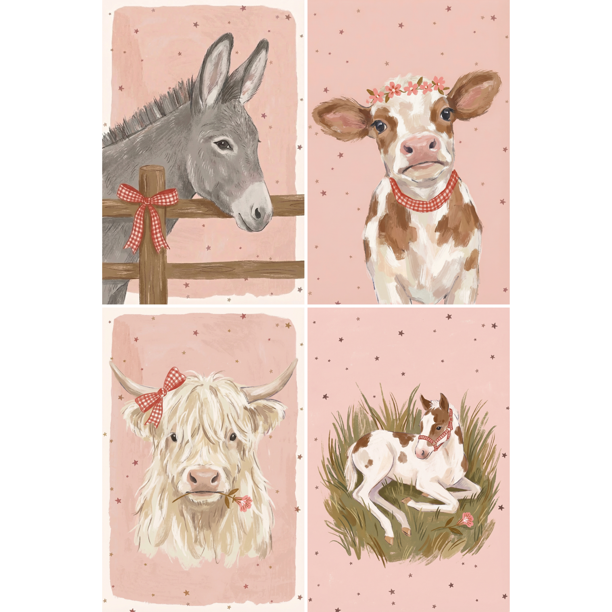 Pink Star Farm Animal Wall Art Set of 4 - Whimsical Barnyard Pals