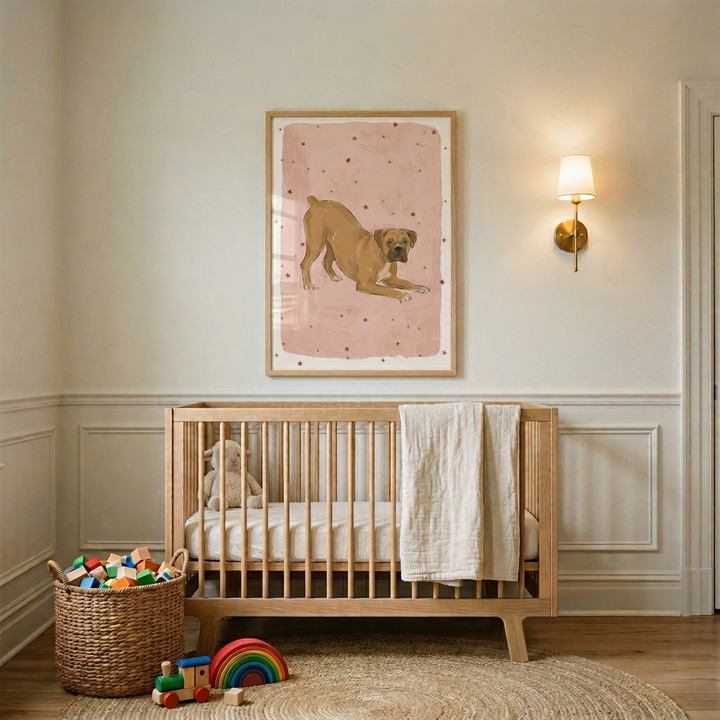 A calm and neutral nursery features a light-toned wooden crib positioned against a wall with elegant wainscoting. Above the crib hangs a framed illustration showing a tan-colored dog in a playful pose against a light pink, speckled background. To the side of the artwork, a minimalist brass wall lamp with a white shade provides soft lighting. Within the crib, a small, plush cream animal toy and a textured light-colored textile can be seen.
