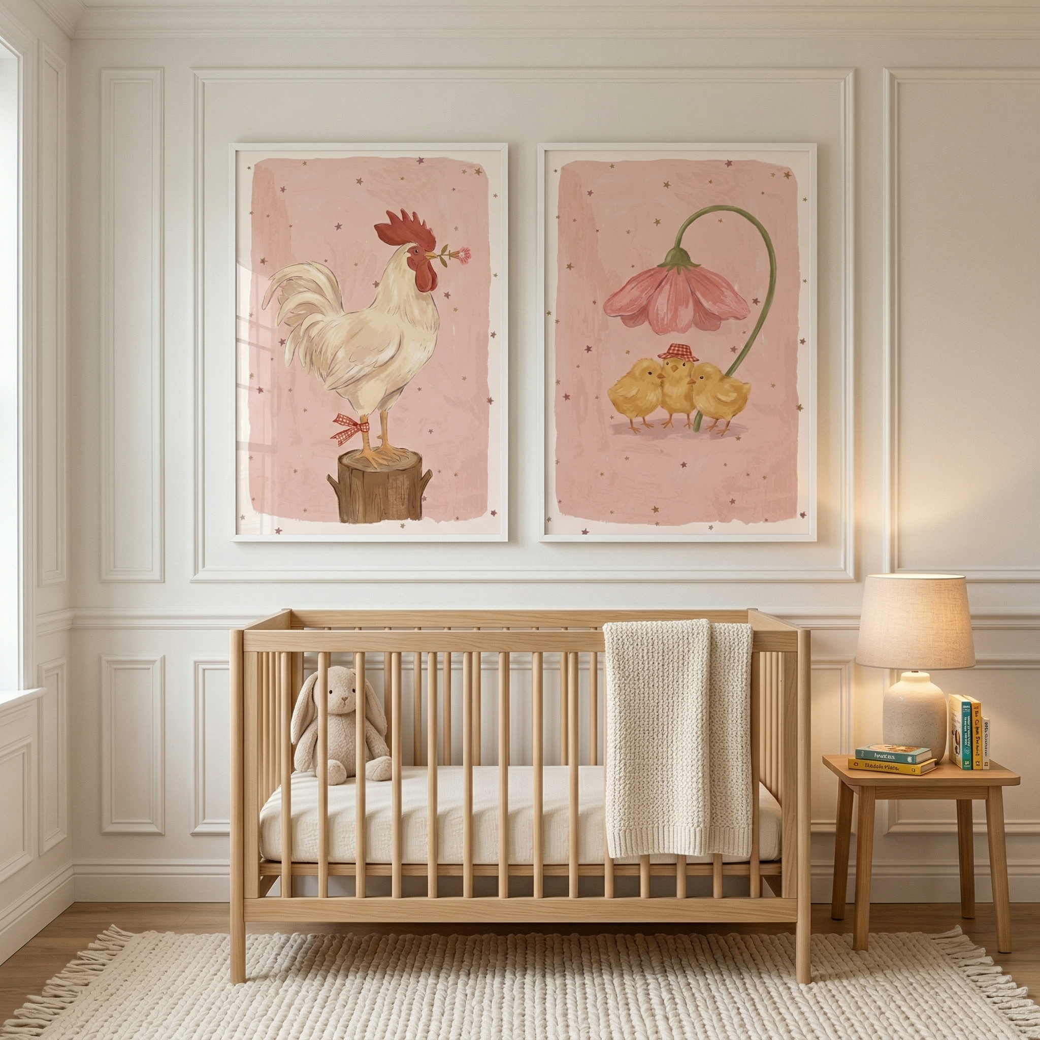 A cozy nursery features a light wood crib against a white paneled wall. Inside are a stuffed rabbit and a white mattress, with a textured cream blanket draped over the side. Above, two framed illustrations on pink backgrounds show a rooster on a stump and three chicks under a pink flower. To the right, a matching wooden side table holds a lamp and books. The floor is covered by a light-colored fringed rug, creating a warm, serene atmosphere.